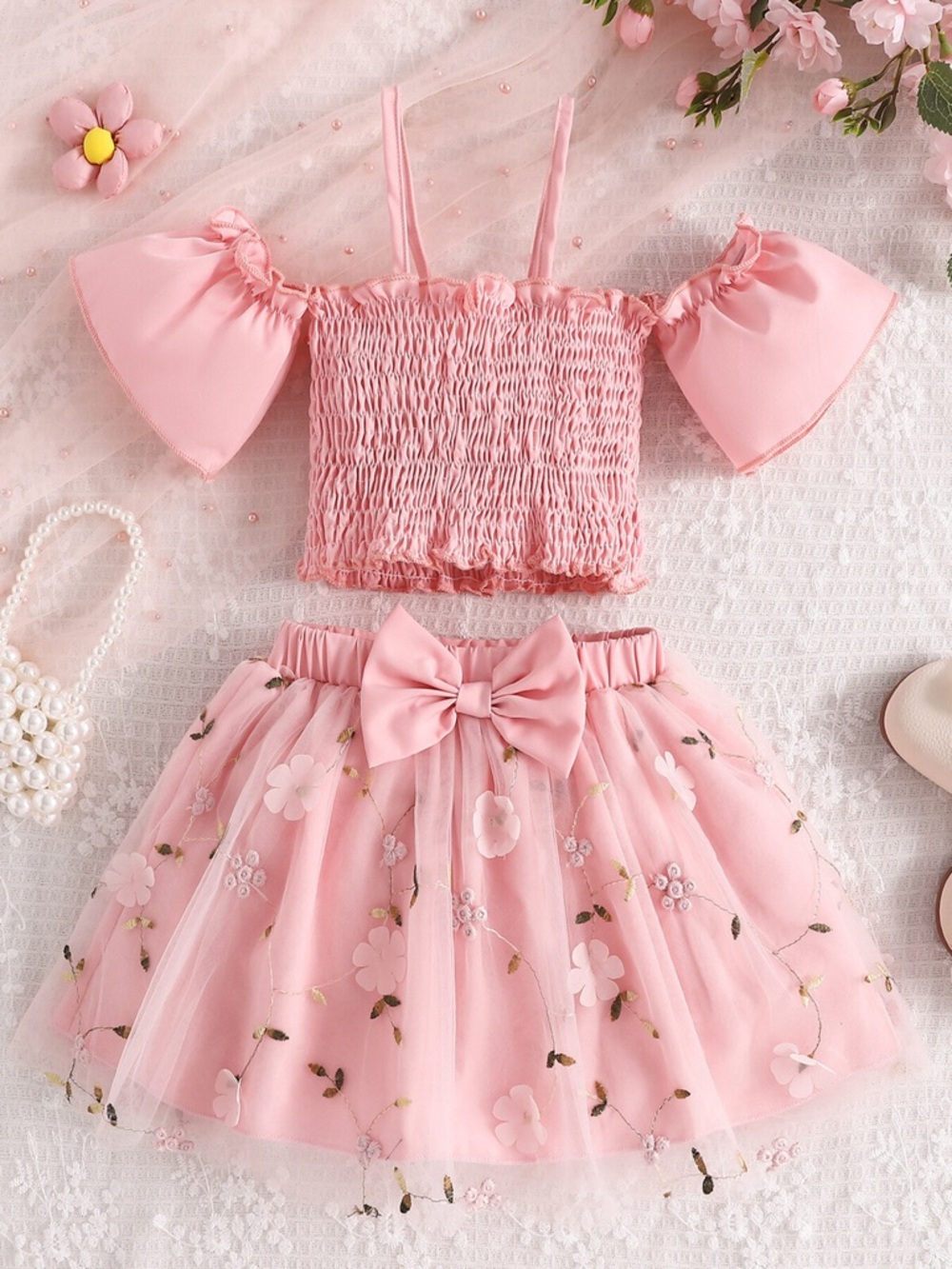 Children's Smocked Top & Bow Decor Tulle Skirt Set